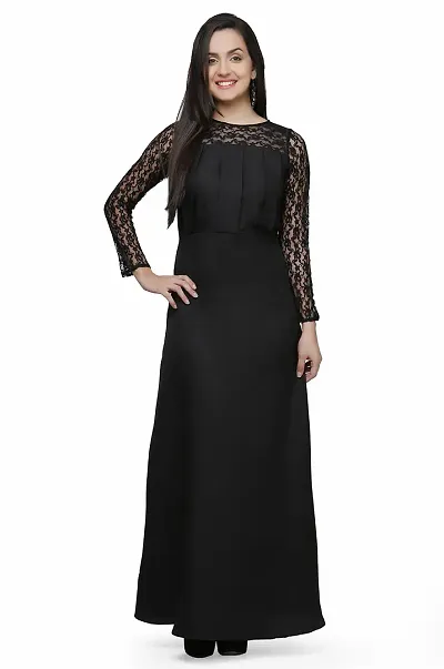 V&M Women's Floral Lace Full Sleeves Jewel Neck Pleated Empire Waist Evening Long Gown Dress