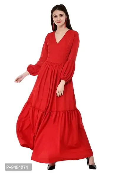 V&M Solid Color Crepe V-Neck Gathered Bishop Sleeve Long Boho Maxi Dress for Women-thumb0