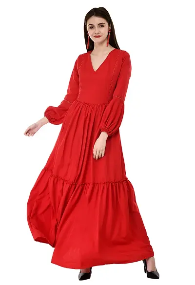 V&M Solid Color Crepe V-Neck Gathered Bishop Sleeve Long Boho Maxi Dress for Women