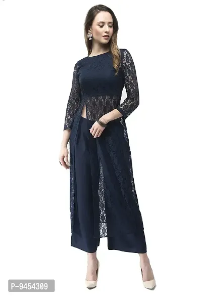 VM Dark Blue Designer Lace Front Slit Dress Fusion Wear Set for Women (vm151)-thumb0