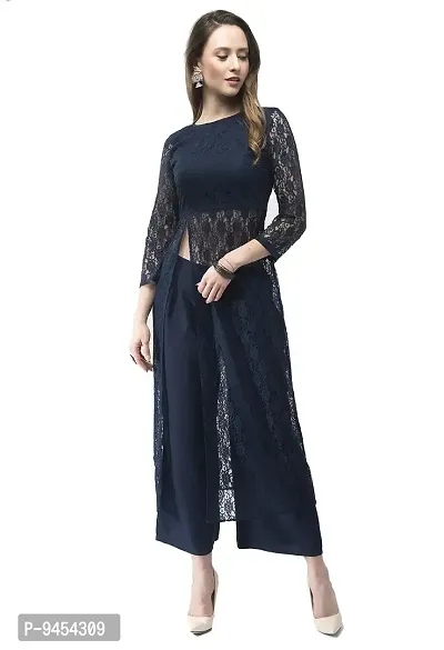 VM Dark Blue Designer Lace Front Slit Dress Fusion Wear Set for Women (vm151)