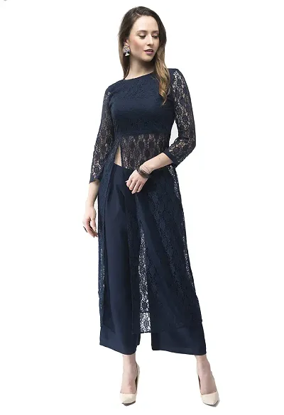 V&M Dark Blue Designer Lace Kurta Having Front Slit Full Sleeves Comes with Palazzo Fusion Wear Set for Women (vm151)
