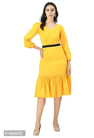 V&M Women's Gathered Knee Length Dress (X-Small, Yellow)