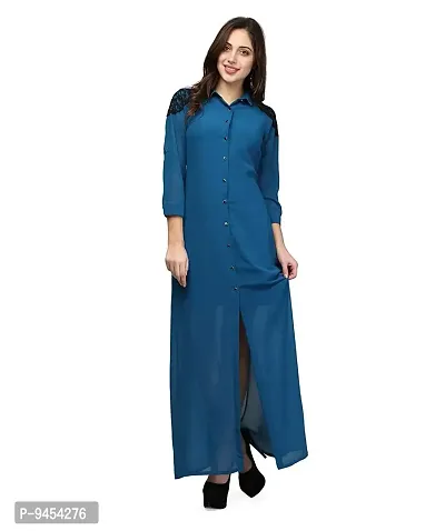 V&M Women's Solid Georgette Button Up 3/4 Sleeves Summer Shirt Long Maxi Dress