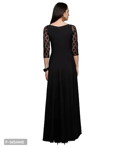 V&M Women's Black Crepe Floral Lace 3/4 Sleeves Evening Long Maxi Gown Dress (VM32) (VM33)-thumb2