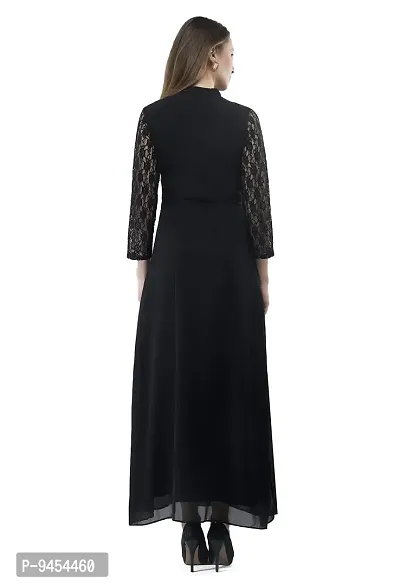 V&M Black lace and Georgette Full Sleeves Ban Collar Indo Western Long Maxi Dress for Women (vm139) (Large)-thumb4