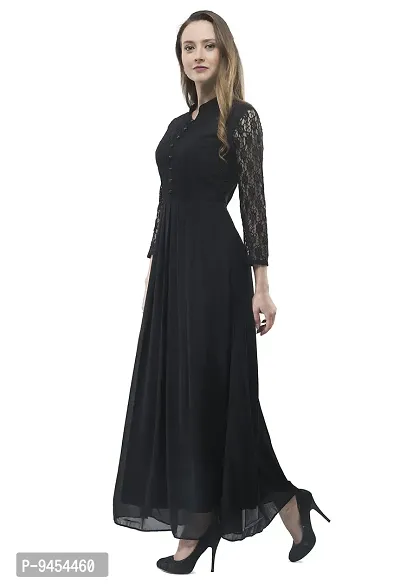 V&M Black lace and Georgette Full Sleeves Ban Collar Indo Western Long Maxi Dress for Women (vm139) (Large)-thumb3