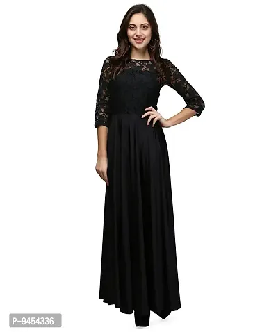 V&M Women's Black Lace and Lycra Fabric 3/4 Sleeves Stretchable Long Western Gown Dress (vm79)-thumb2