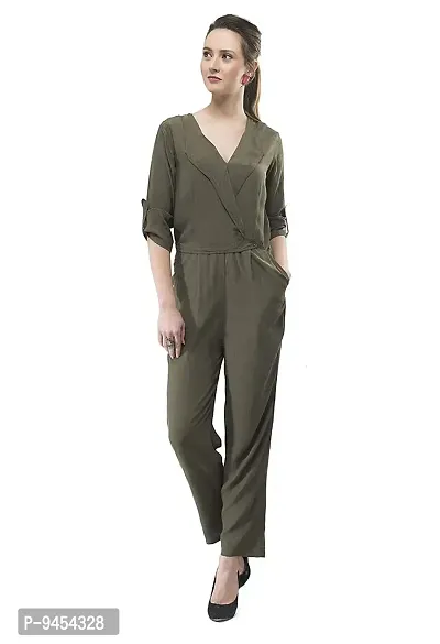 V&M Olive Green Rayon Solid Wrap V-Neck 34 Roll-Up Sleeves Straight Leg Jumpsuit for Women