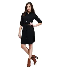 V&M Women's Black Crepe Button Up Roll Up Sleeves Summer Shirt Dress,Belt Not Included-thumb3