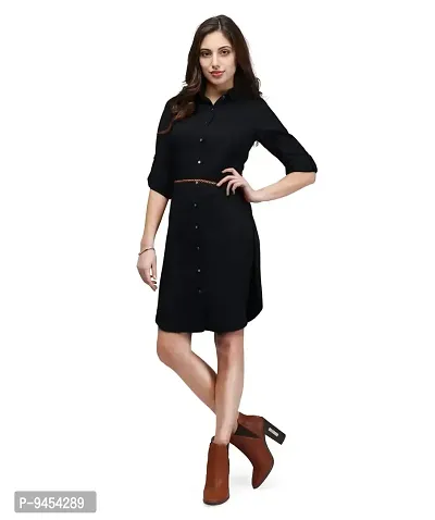 V&M Women's Black Crepe Button Up Roll Up Sleeves Summer Shirt Dress,Belt Not Included-thumb4