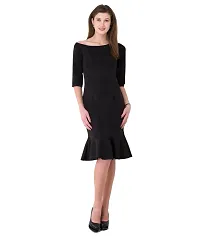 V&M Black Plain One Shoulder 3/4 Sleeves Peplum Hem Dress for Women (vm111)-thumb3