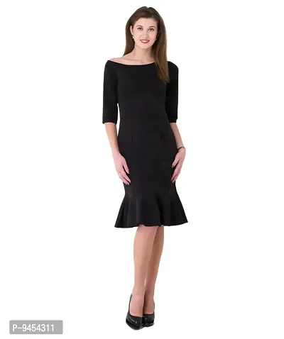V&M Black Plain One Shoulder 3/4 Sleeves Peplum Hem Dress for Women (vm111)-thumb4