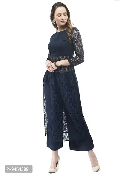 VM Dark Blue Designer Lace Front Slit Dress Fusion Wear Set for Women (vm151)-thumb2