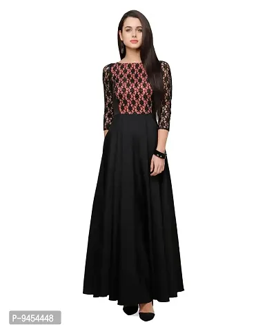 V&M Women's Black Crepe Floral Lace 3/4 Sleeves Evening Long Maxi Gown Dress (VM32) (VM33)