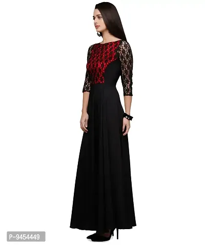 V&M Women's Black Crepe Floral Lace 3/4 Sleeves Evening Long Maxi Gown Dress (VM32) (VM33)-thumb5