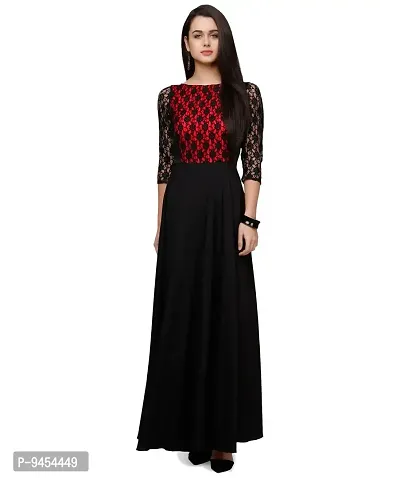 V&M Women's Black Crepe Floral Lace 3/4 Sleeves Evening Long Maxi Gown Dress (VM32) (VM33)-thumb4