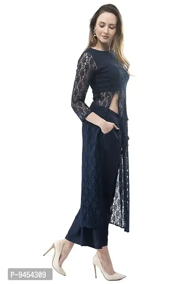 VM Dark Blue Designer Lace Front Slit Dress Fusion Wear Set for Women (vm151)-thumb3