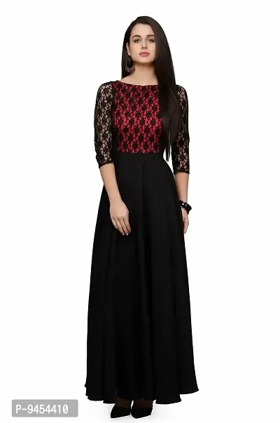 V&M Women's Black Pink Floral Lace 3/4 Sleeves Evening Long Maxi Gown Dress