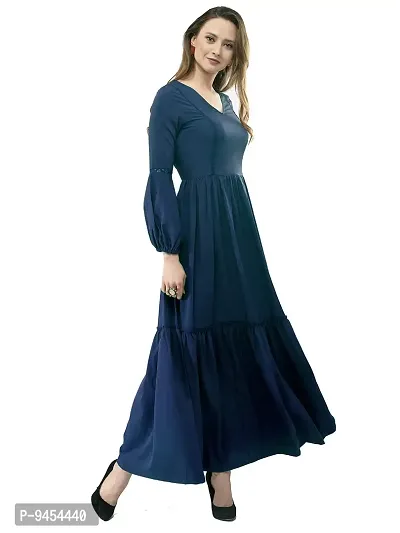 VM Solid Color Crepe V-Neck Gathered Bishop Sleeve Long Boho Maxi Dress for Women