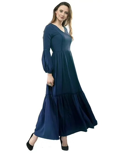 V&M Solid Color Crepe V-Neck Gathered Bishop Sleeve Long Boho Maxi Dress for Women