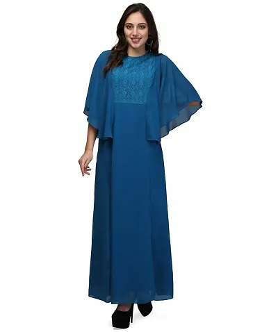 V&M Solid/Plain Color Cape Sleeve Lace A-Line Long Maxi Dress for Women (vm73) (vm74)