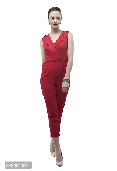 V&M Red Plain Formal Wrap Designer Sleeveless Jumpsuit Having Lapel Collar, Two Pockets (vm144)