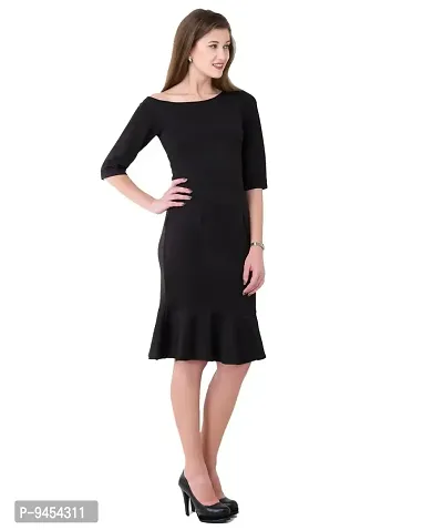V&M Black Plain One Shoulder 3/4 Sleeves Peplum Hem Dress for Women (vm111)-thumb3