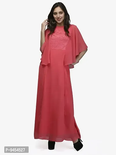 V&M Solid/Plain Color Cape Sleeve Lace A-Line Long Maxi Dress for Women (vm73) (vm74) (Pink, XX-Large)