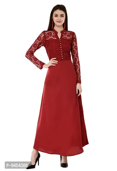 V&M Maroon Lace Empire Waist Front Button Design A-line Long Indo Western Dress for Women (vm195)