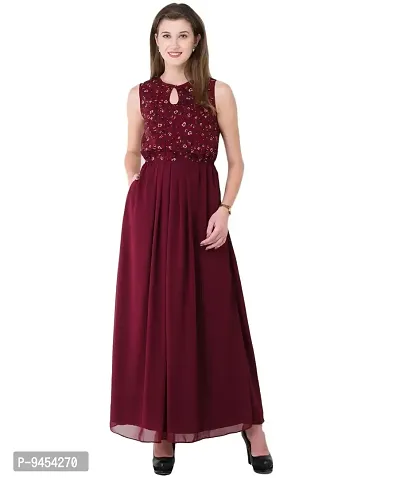 VM Maroon Floral Printed Sleeveless Pleated Long Maxi Dress with Pockets (vm108)