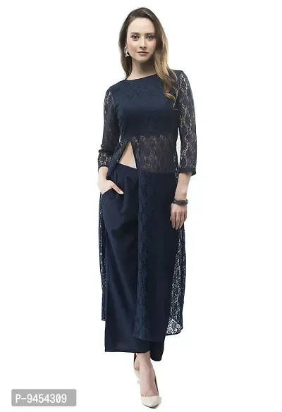 VM Dark Blue Designer Lace Front Slit Dress Fusion Wear Set for Women (vm151)-thumb2