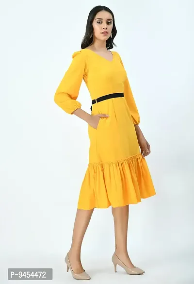 V&M Women's Gathered Knee Length Dress (X-Small, Yellow)-thumb4