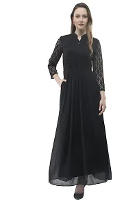 V&M Black lace and Georgette Full Sleeves Ban Collar Indo Western Long Maxi Dress for Women (vm139) (Large)-thumb1