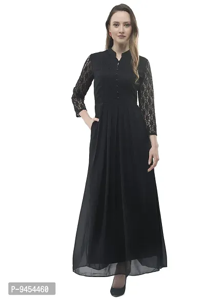 V&M Black lace and Georgette Full Sleeves Ban Collar Indo Western Long Maxi Dress for Women (vm139) (Large)-thumb2