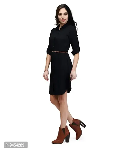 V&M Women's Black Crepe Button Up Roll Up Sleeves Summer Shirt Dress,Belt Not Included-thumb5