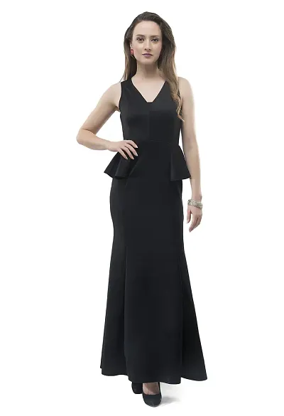 V&M Women's Black V-Neck Bodycon Sleeveless Peplum Mermaid Evening Maxi Party Dress (vm138)