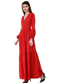 V&M Solid Color Crepe V-Neck Gathered Bishop Sleeve Long Boho Maxi Dress for Women-thumb2