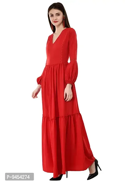 V&M Solid Color Crepe V-Neck Gathered Bishop Sleeve Long Boho Maxi Dress for Women-thumb3
