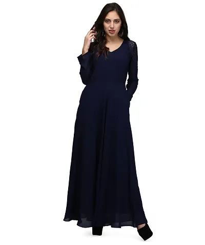 V&M Solid/Plain Women's Full Sleeves V-Neck Indo Western Flared Gown with Pockets (vm77) (vm78)