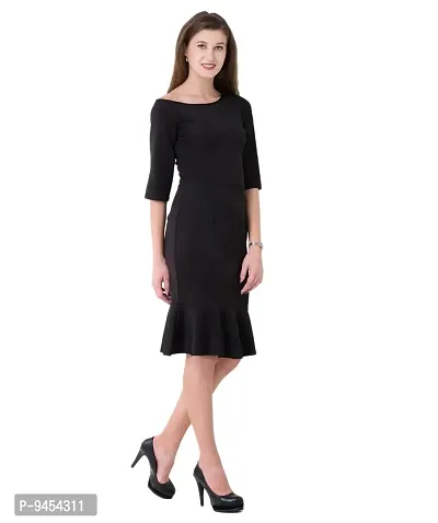 V&M Black Plain One Shoulder 3/4 Sleeves Peplum Hem Dress for Women (vm111)-thumb2