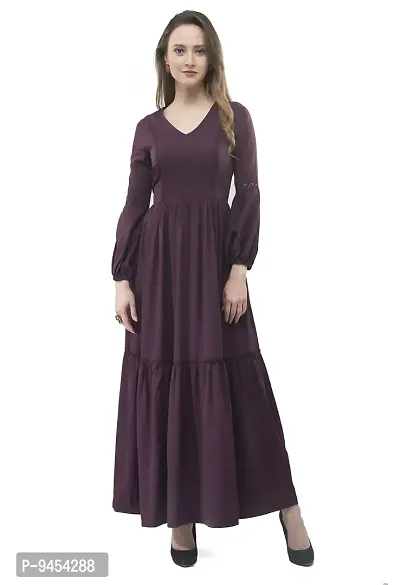 V&M Solid Color Crepe V-Neck Gathered Bishop Sleeve Long Boho Maxi Dress for Women