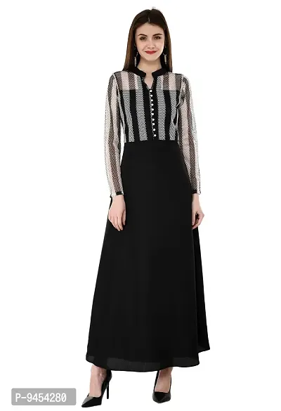 V&M Black & White Lace Empire Waist Front Button Design A-line Long Indo Western Dress for Women (vm194)