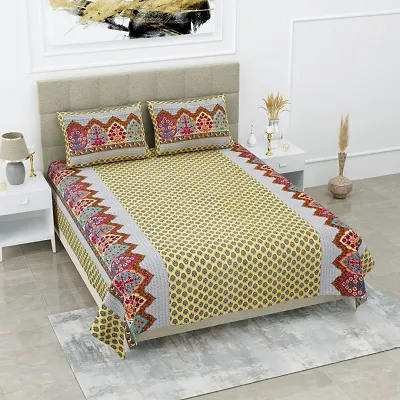 Stylish Fancy Ridan Cotton Multicolour Double Bed Sheet With Pillow Cover