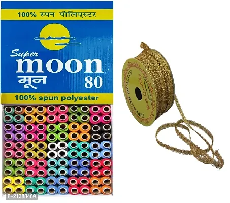 Shree Ganesha Multicoloured Sewing Thread 150m Pack of 100 Spool With 10 Meter Golden Lace-thumb3