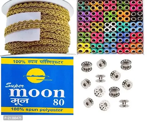 Shree Ganesha Multicoloured Sewing Thread 150m Pack of 100 Spool With 10 meter Golden Lace and 10 pcs Bobbin