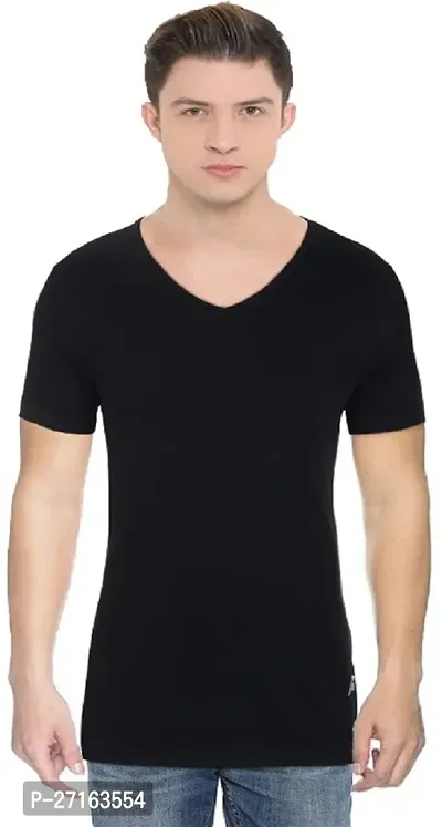 ALLYGATER Solid Couple V Neck Black TShirt-thumb0