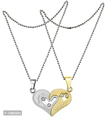 Valentine Special Golden-Silver Broken Two Half Heart Shape Love Pendant Locket Necklace Chain Jewellery for Lovers/Couples Stainless Steel Locket-thumb4