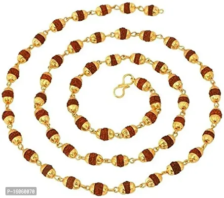 5 Mukhi Rudraksha Rudraksh Mala in Gold Plated Caps Wood, Copper Chain-thumb0