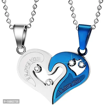 Blue-Silver Broken Two Half Heart Shape Love Pendant Locket Necklace Chain Jewelry for Lovers/Couples Stainless Steel Locket.